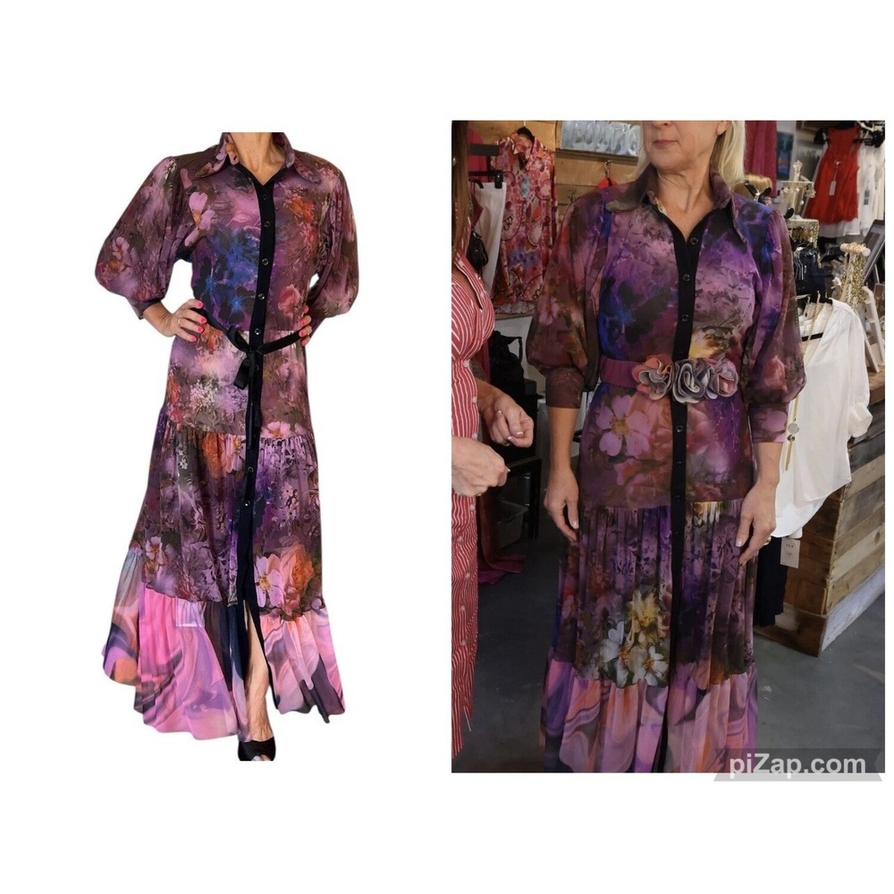 Petit Pois by Viviana G Women's Shirt Dress Midi Colorful Floral Belted Nylon S